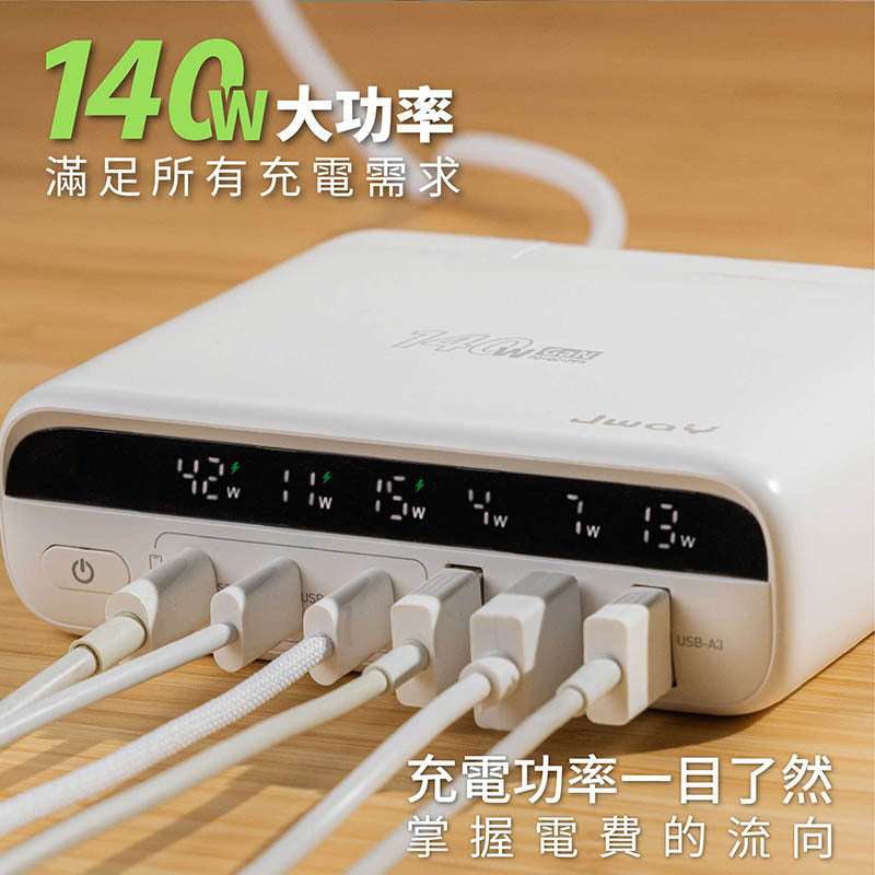 Jway Smart Display 140W GaN 6-Port Fast Charger