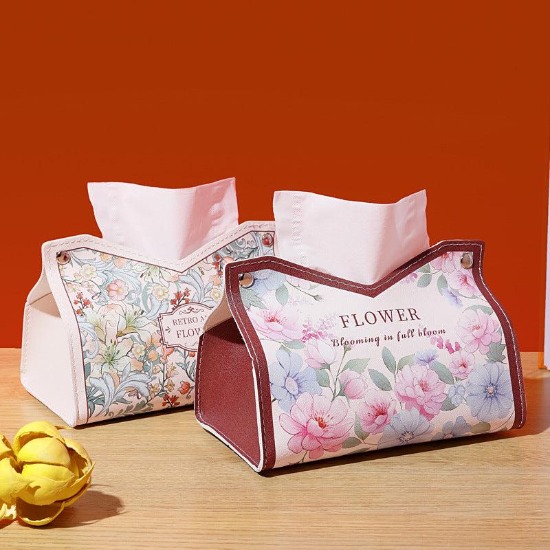 Retro Art Floral Leather Tissue Box - European Style Fresh Waterproof Tissue Holder / Home Car Storage Bag