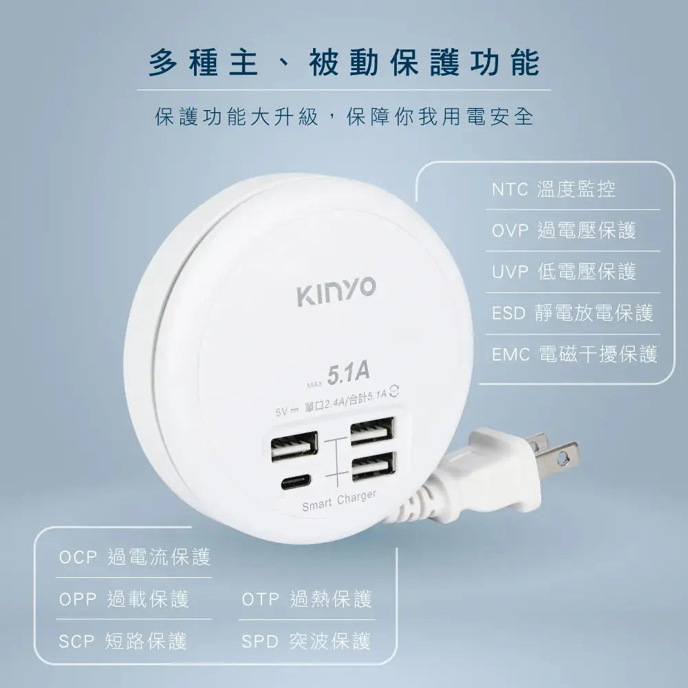 【KINYO】4USB收納智慧快充分接器 KINYO