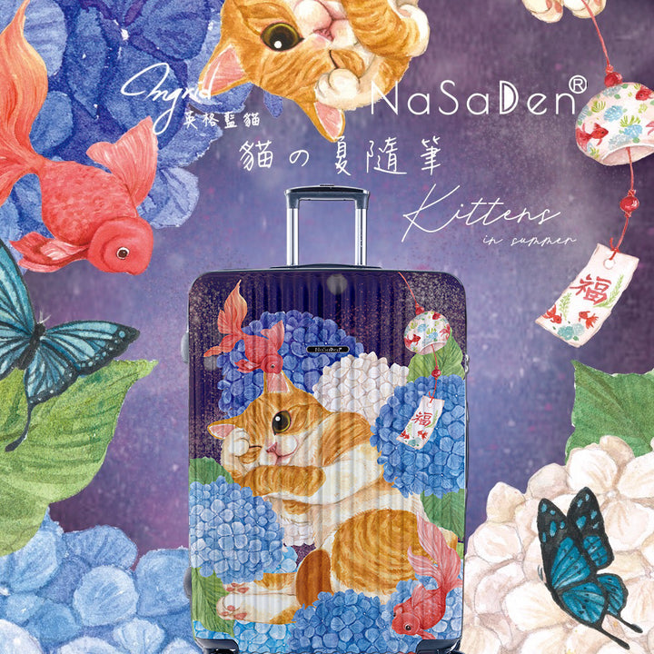 The second generation version of NaSaDen NaSa Denxin Wuyou [English blue cat joint model] cat’s four seasons printed zipper suitcase 22 inches/26 inches/29 inches 